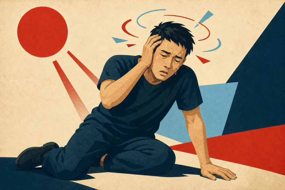 高温下头晕并以手支撑身体的人